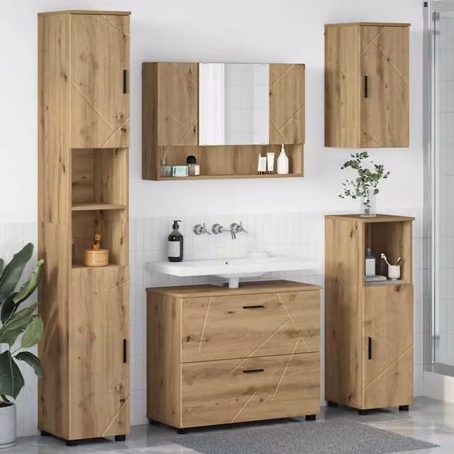 Set di mobili per bagno moderno vidaXL in legno e metallo color rovere, composto da mobile lavabo, armadietto con specchio, mobile laterale, colonna alta e pensile a parete – 1