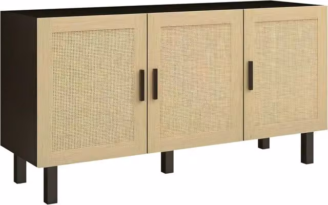 Mobile credenza con ante effetto cannage e ripiani regolabili, madia per soggiorno, nero e legno naturale, 136 x 41 x 70 cm