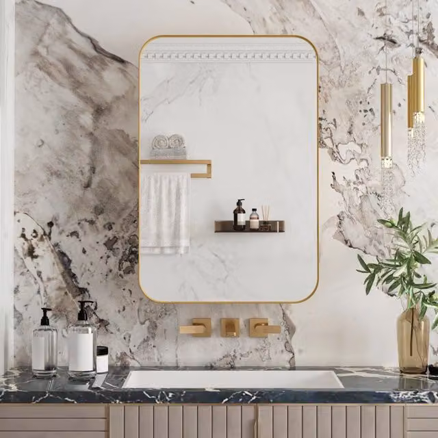 Mobiletto a specchio rettangolare da incasso con cornice in metallo, ripiani regolabili e vano portaoggetti, oro, per bagno, soggiorno e camera