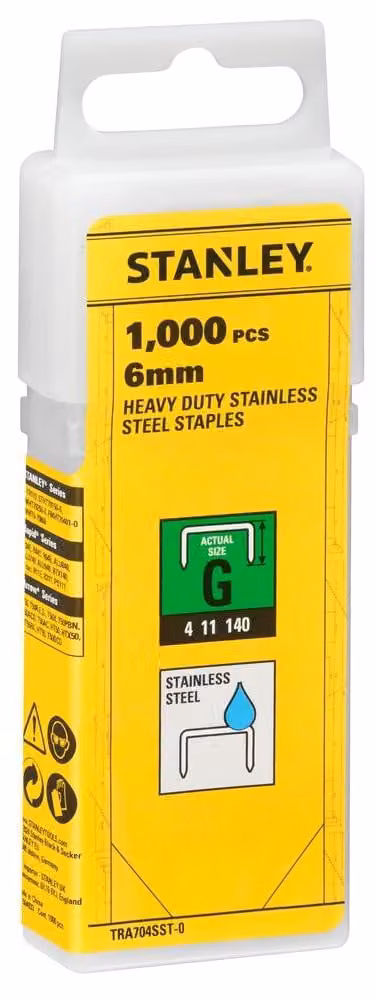 Graffette per impieghi gravosi tipo G 6 mm, 1000 pezzi, in acciaio inox, per cucitrici manuali Stanley, tenuta forte, per la casa e l'officina.
