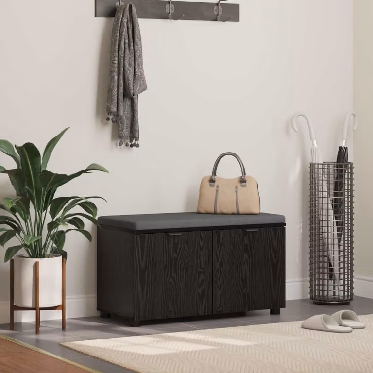 Panca per ingresso con scarpiera vidaXL in rovere e nero con cuscino grigio, L: 80 cm, P: 38 cm, H: 46 cm