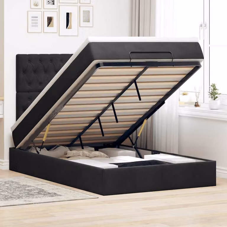 Letto con contenitore e pouf vidaXL in velluto nero con base a sollevamento, porte USB e illuminazione sottostante, L/P/H: 203 x 120 x 128 cm
