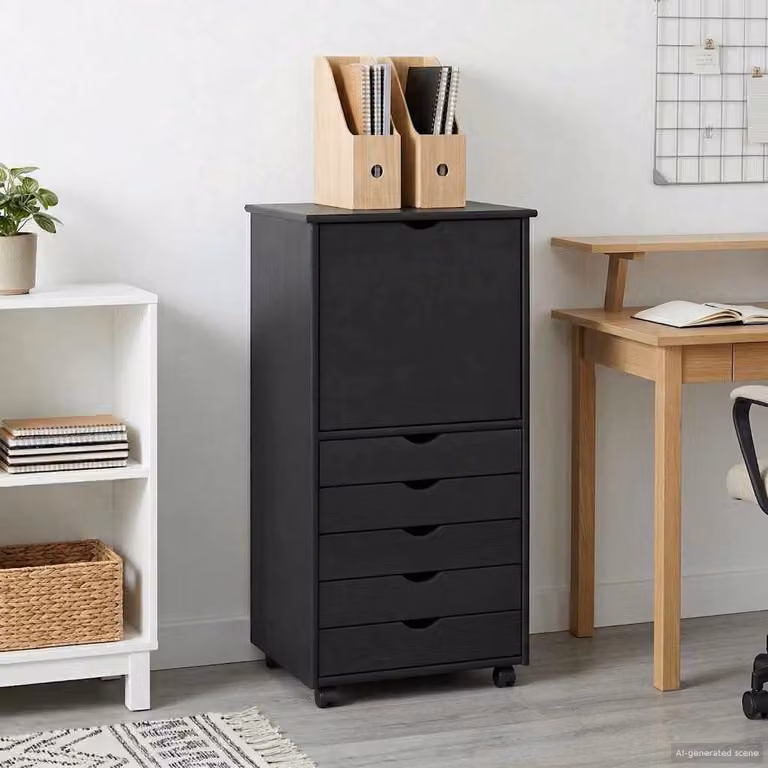 Mobile con ruote vidaXL in legno di pino e MDF grigio, con ante e cassetti, L/P/H: 53 x 39 x 103 cm
