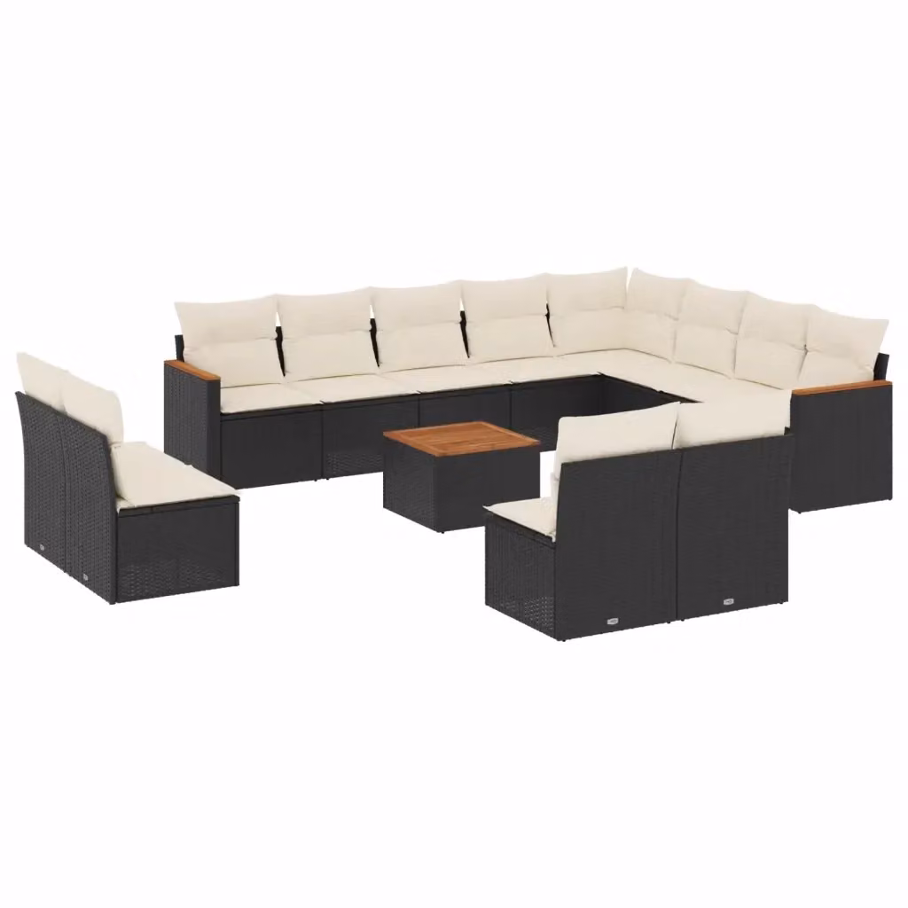 Set di divani da giardino vidaXL a forma di U composto da 13 pezzi con cuscini, tavolino da caffè e struttura in polyrattan nero e legno di acacia – 2