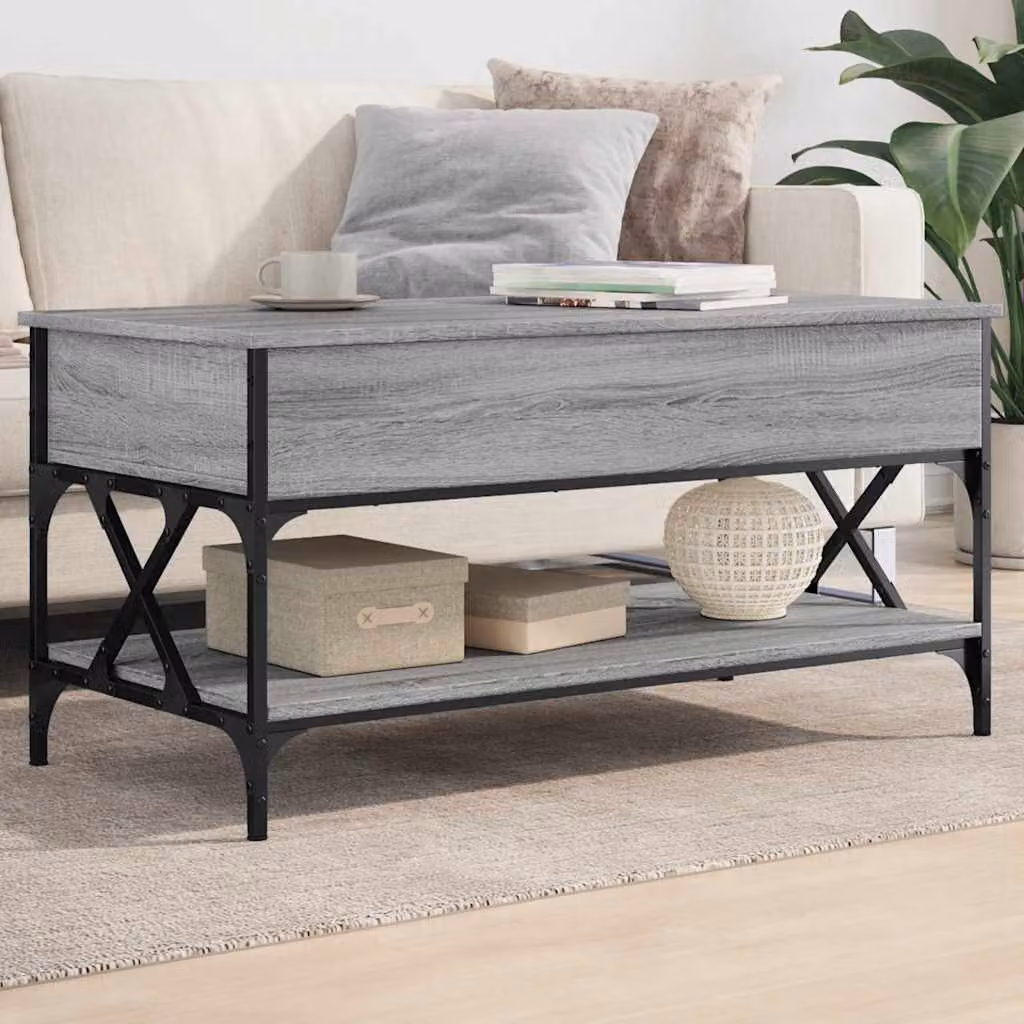 Tavolino da salotto vidaXL in legno e metallo grigio, design industriale rettangolare L: 100 cm, P: 50 cm, H: 50 cm