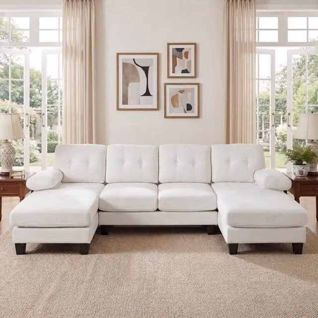 Divano panoramico Mivray a forma di U con doppia chaise longue in ciniglia beige, reversibile e con braccioli rimovibili, L: 268 cm, P: 84 cm, H: 128 cm