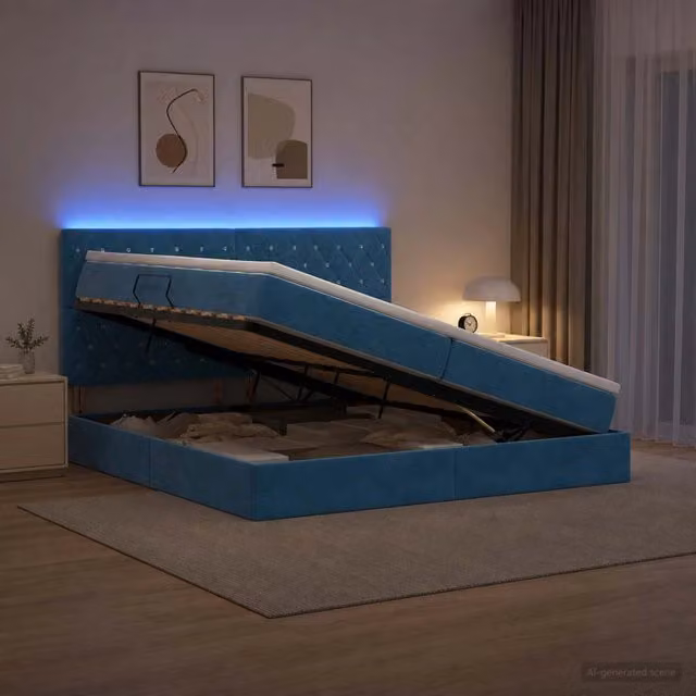 Letto con contenitore vidaXL in velluto blu con illuminazione LED e porta USB, L/P/H: 200 x 200 x 140 cm