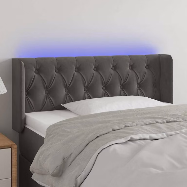 Testiera per letto vidaXL in velluto grigio scuro con illuminazione LED e porta di ricarica USB, L: 93 cm, P: 16 cm, H: 78-88 cm