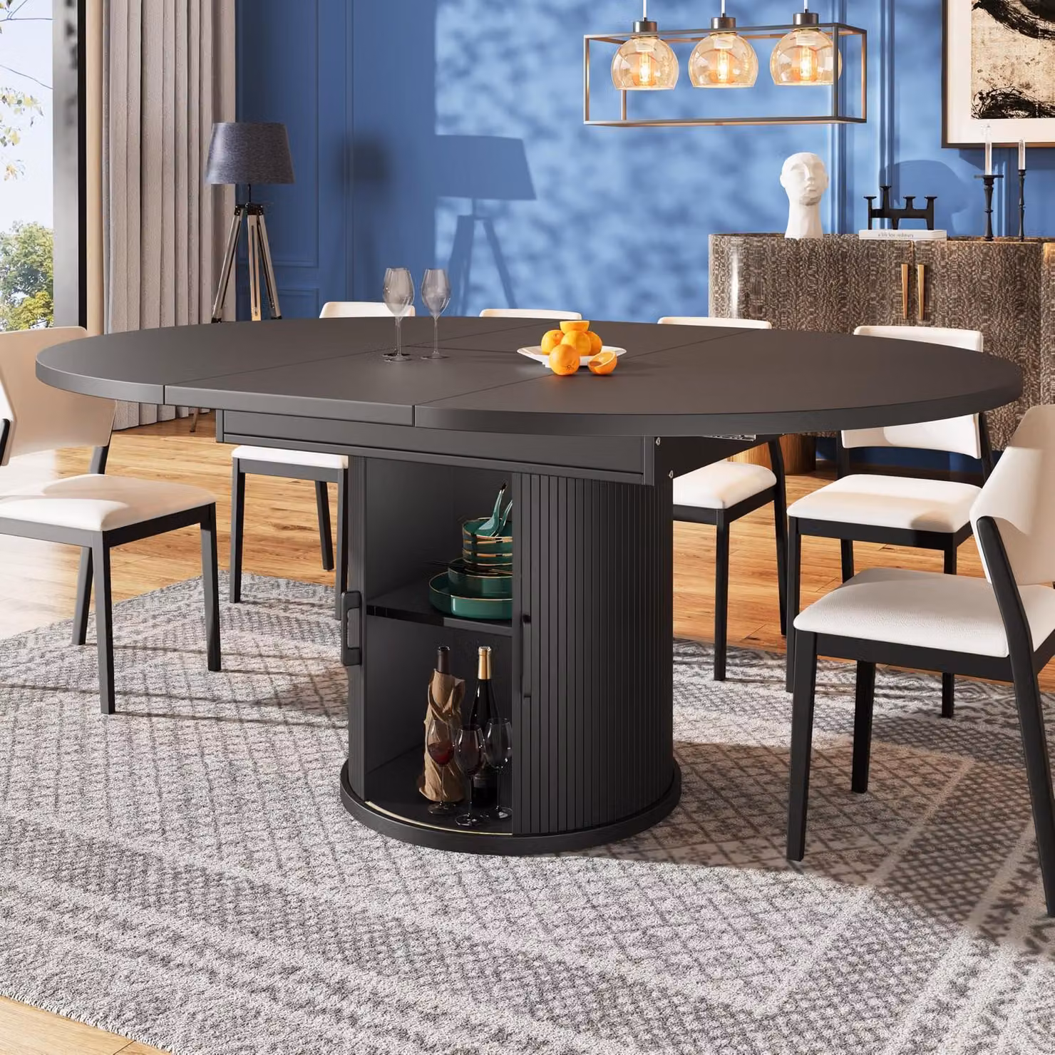 Tavolo da pranzo ovale allungabile, dimensioni 118-158 x 118 x 76,8 cm, colore nero, con spazio contenitivo