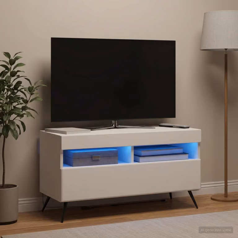 Mobile TV vidaXL moderno in legno MDF bianco con illuminazione integrata e scomparti multimediali L 81,0 cm x P 35,0 cm x H 43,0 cm