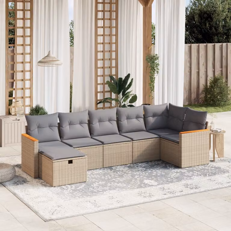 vidaXL Set Divano da Giardino a L 7 pz con Cuscini Beige e Grigio in Polyrattan e Metallo