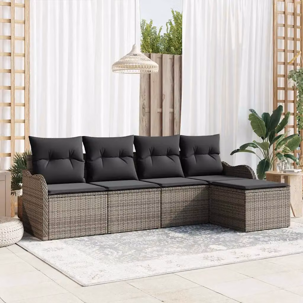 Set Divano da Giardino a L vidaXL in Polyrattan Grigio con 5 Pezzi e Ottoman – 1