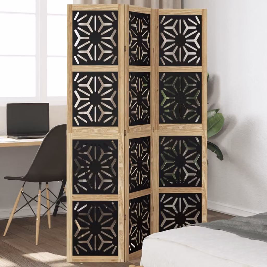 vidaXL Divisorio Ambienti Moderno in Legno di Paulownia Massello con 3 Pannelli Geometrici, Marrone e Nero, H: 180 cm, L: 110 cm