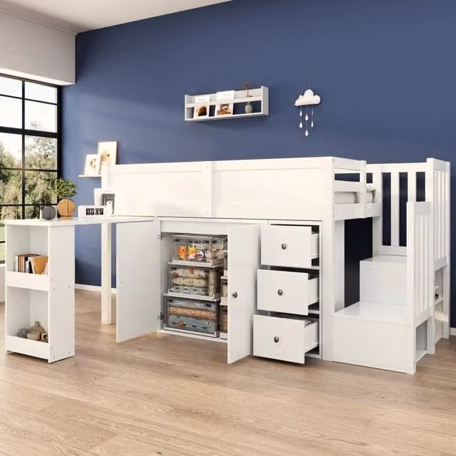 Letto a soppalco singolo WISHDOR per bambini con scrivania estraibile, armadio, cassetto e scala in MDF bianco, L/P/H: 200 x 90 x 170 cm – 1