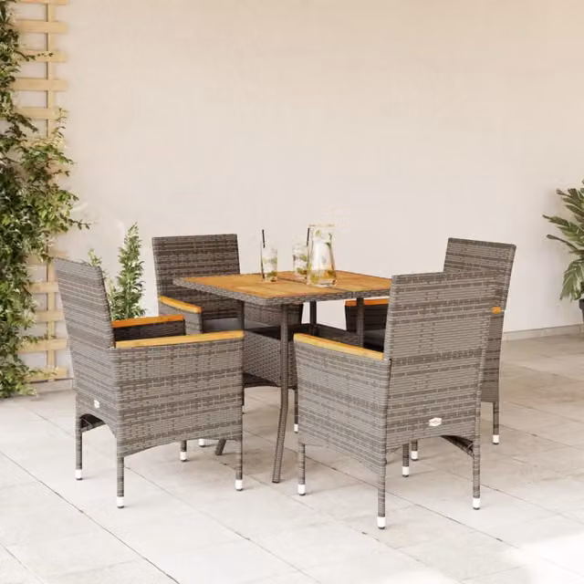 Set Pranzo da Giardino vidaXL in Polyrattan e Legno di Acacia con 5 Cuscini Grigio – 1