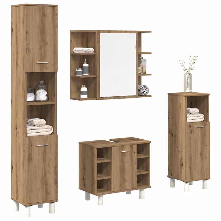 Set di mobili da bagno moderno vidaXL in legno color rovere marrone composto da armadietto con specchio, mobile lavabo e colonna alta