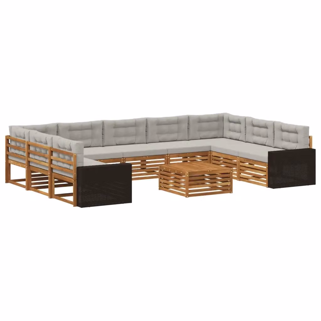 Set di divani da esterno a L vidaXL in legno di acacia con cuscini beige e grigi e tavolino da caffè coordinato – 2