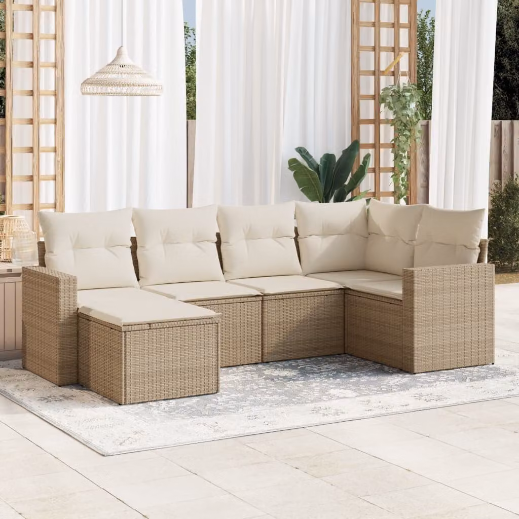 Set Divano da Giardino L-Shape vidaXL da 6 posti con Ottoman e Cuscini Beige e Bianco in Polyrattan e Acciaio