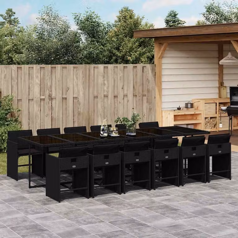 Set da pranzo da giardino vidaXL in polyrattan nero con cuscini e tavolo in vetro per 13 persone