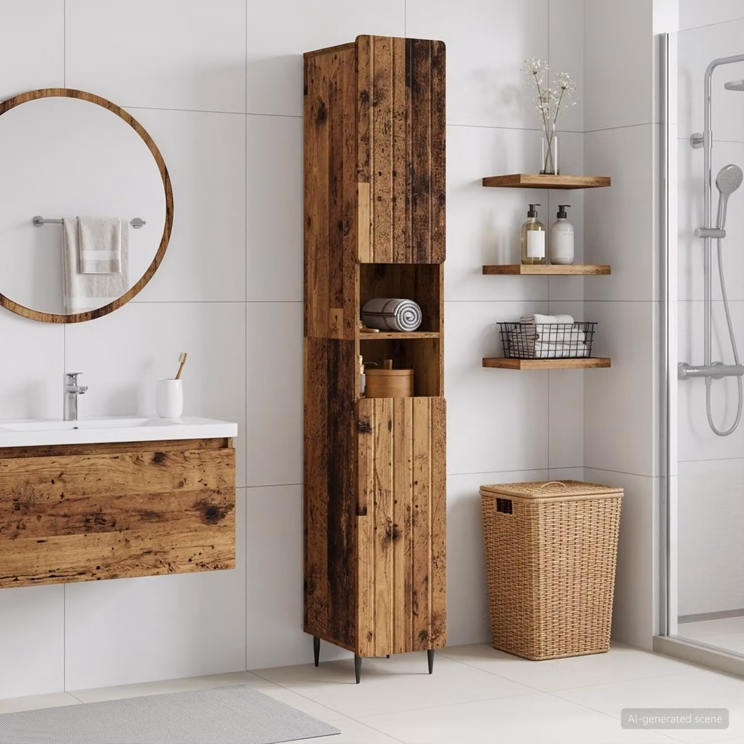 Armadio da bagno vidaXL ZWOLLE in legno marrone con ripiani interni e ripiano aperto