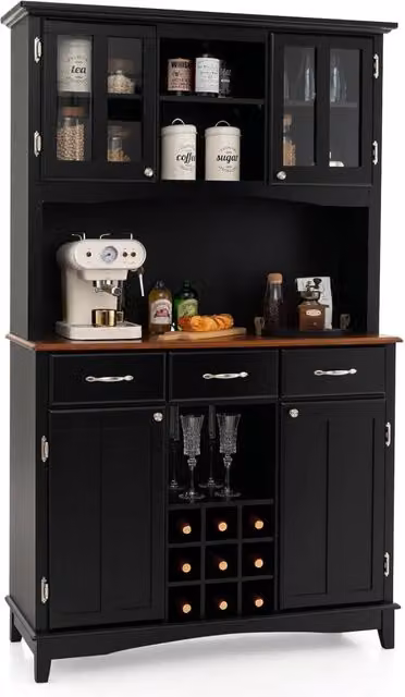 Credenza da Cucina, Armadietto Dispensa da Cucina Alto con Ante in Vetro Temperato, Portabottiglie, Ripiani Regolabili, Mobile Moderno per Cucina con 3 Cassetti e Ripiani Aperti (Nero)