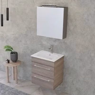 Mobile bagno sospeso Smart in legno olmo marrone con lavabo e specchio contenitore con illuminazione LED