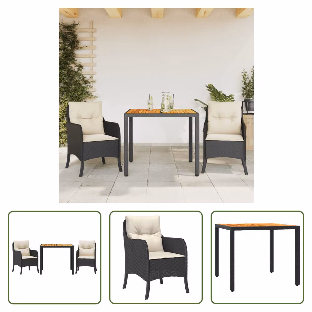The Living Store Set da pranzo da giardino in 3 pezzi con cuscini in poly rattan nero