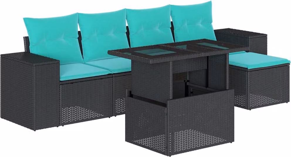 set di 6 divani da giardino con cuscini, in polyrattan nero