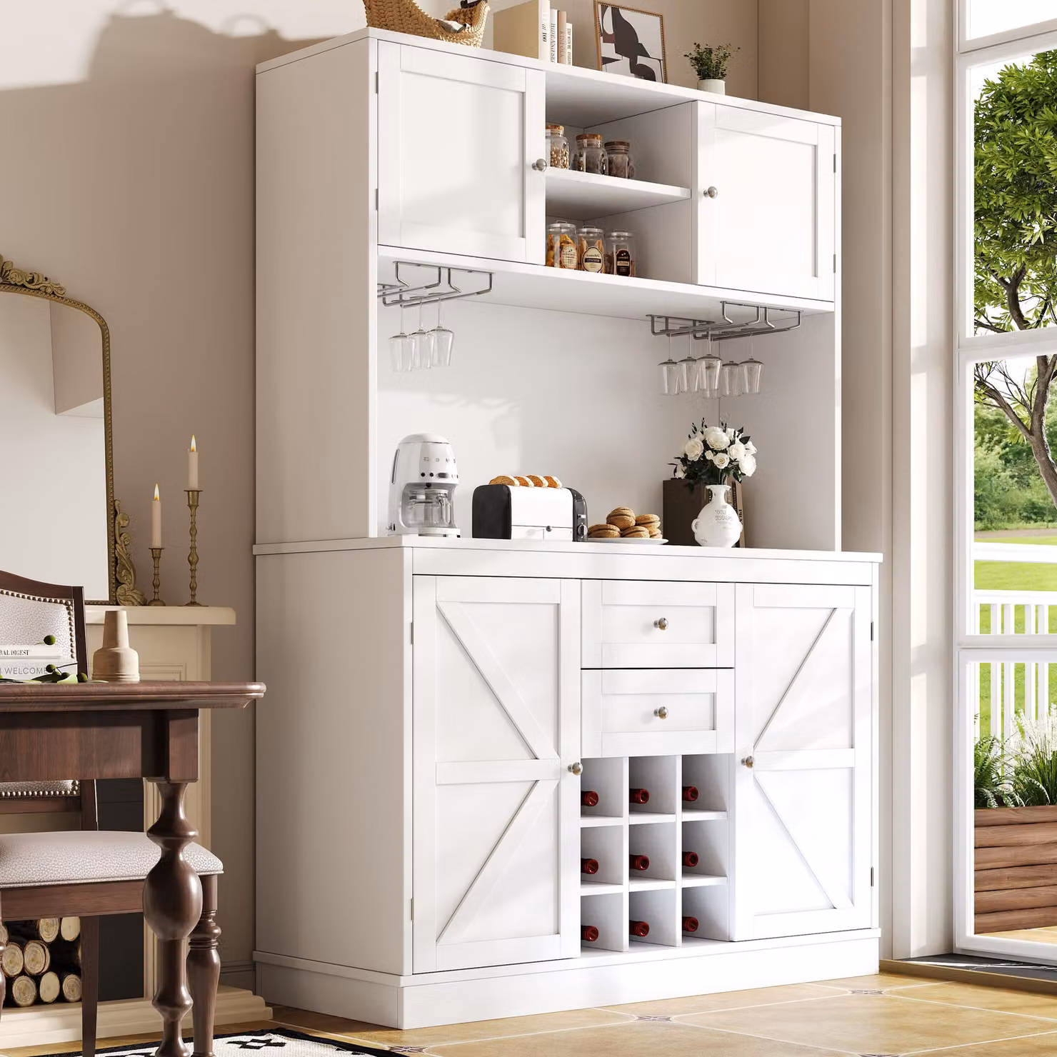 MODFU: mobile alto a 4 ante e 2 cassetti, mobile contenitore con credenza da cucina, scaffali e portabottiglie, bianco