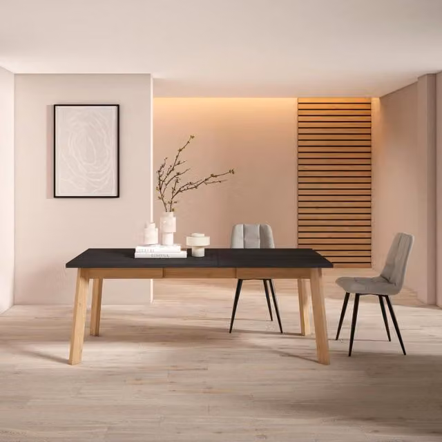 Tavolo da Pranzo, 194x90x74cm, Per 10 persone, Gambe in legno, Nero e colore Rovere RF2918