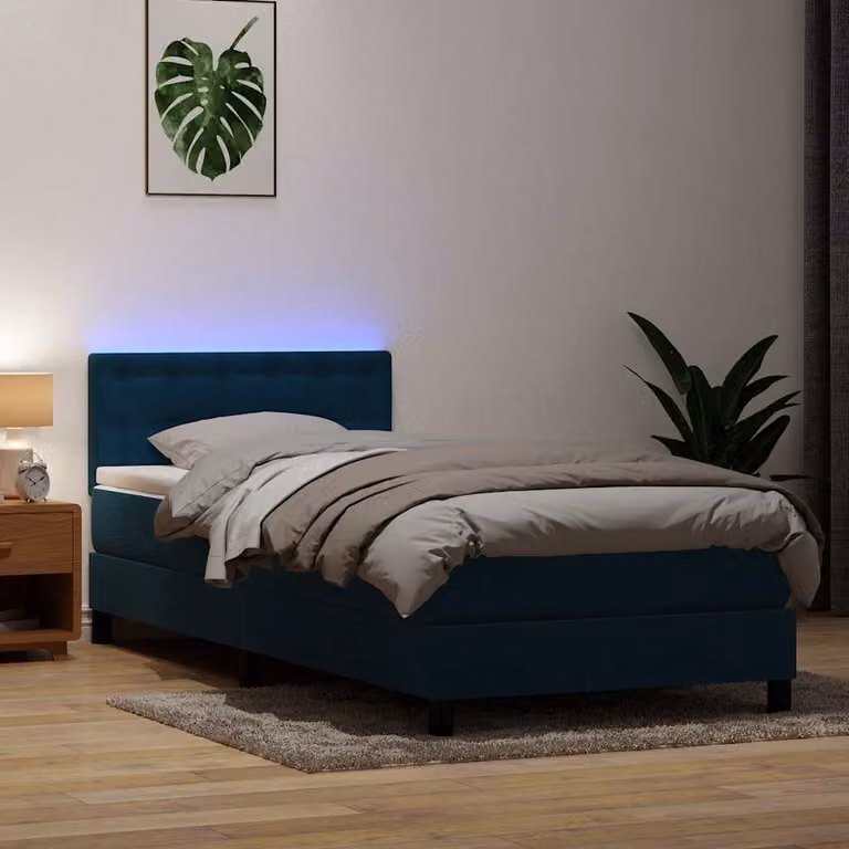 Letto a molle con materasso ibrido e illuminazione LED vidaXL in velluto blu scuro L 220 cm x L 80 cm