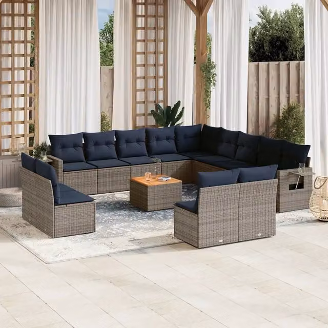 Set di Divani da Giardino vidaXL in Polyrattan Grigio e Blu con Cuscini e Tavolino da Esterno a Forma di U