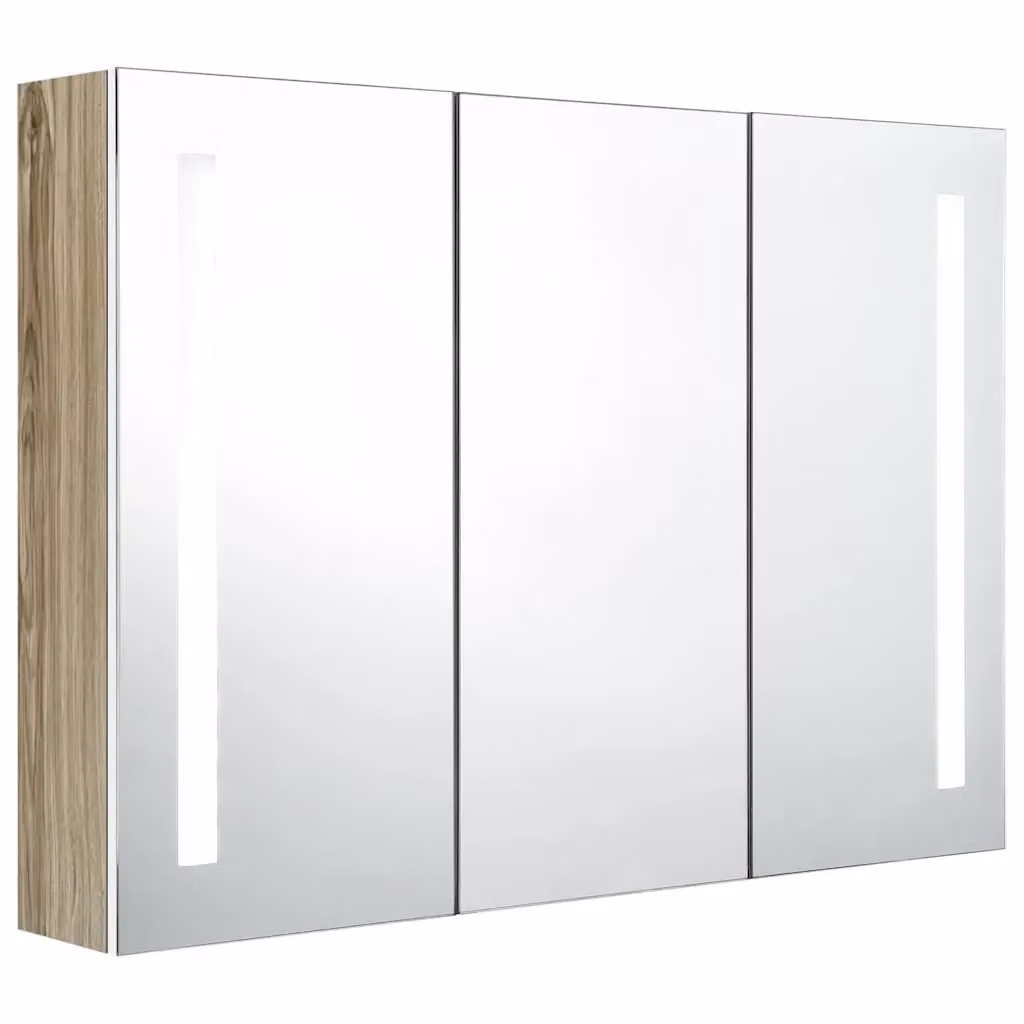 Armadietto da bagno moderno vidaXL con specchio, illuminazione LED e ripiani interni, Bianco e Rovere, L: 89 cm, P: 14 cm, H: 62 cm – 2