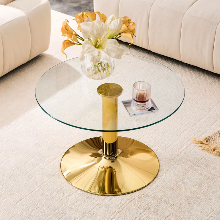 Tavolino da caffè rotondo, diametro 70 cm, vetro, piano in vetro temperato, struttura in metallo, design moderno (oro)