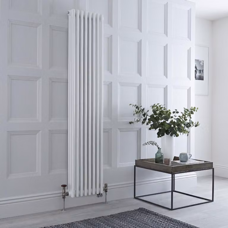 Radiatore Misto Verticale Bianco Triplo con Valvole in Nichel Satinato senza Termostato - 1800mm x 380mm - Regent