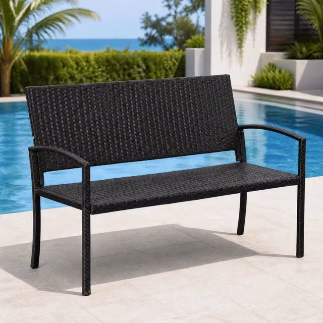 Panca da giardino 2 posti nera in acciaio e polyrattan; con schienale