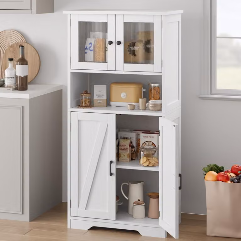 Armadio alto da bagno, bianco, 60x30x128 cm, con ante in vetro e ripiani regolabili