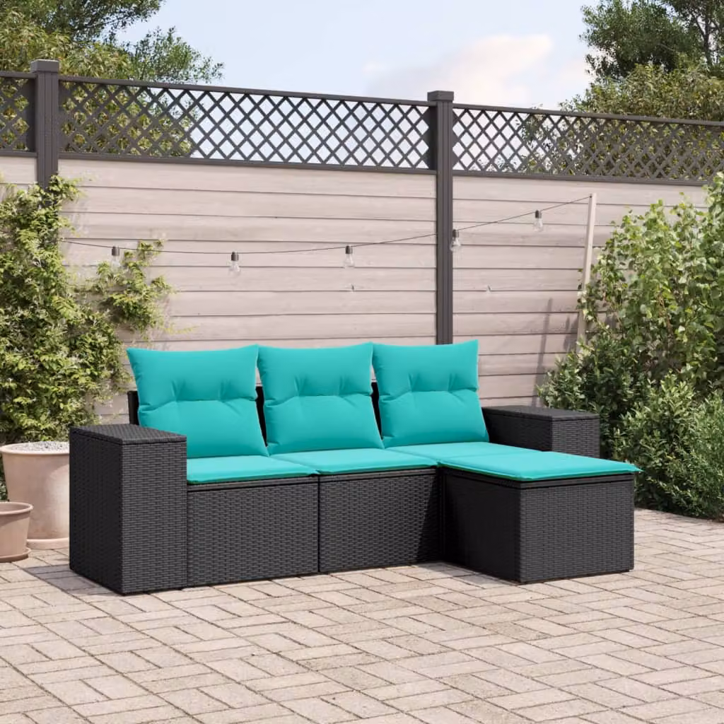 Set Divani da Giardino vidaXL 4 pz a Forma a L con Cuscini, Polyrattan e Struttura in Acciaio Verniciato a Polvere, Colore Nero, Blu o Turchese