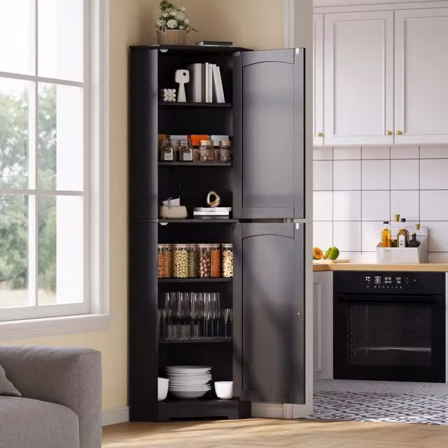 Mobile angolare con 2 ante e ripiani regolabili per cucina e soggiorno e sala da pranzo in MDF nero 42 × 42 × 166 cm