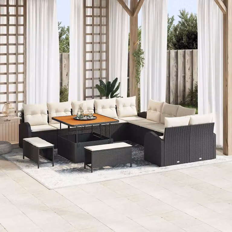 vidaXL Set Divano da Giardino Moderno 13 Pezzi Nero con Cuscini e Tavolino in Metallo e Legno di Acacia