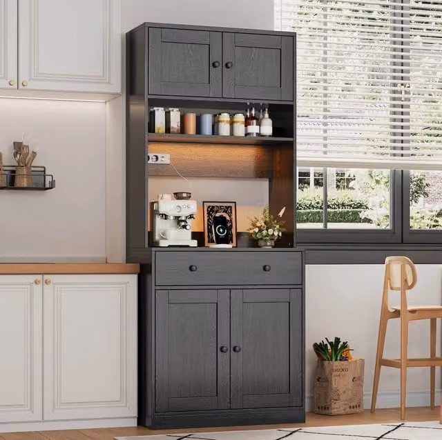 Credenza cucina multifunzione MODFU in MDF nero con LED RGB, prese USB e AC, L 72 cm x P 40 cm x H 180 cm
