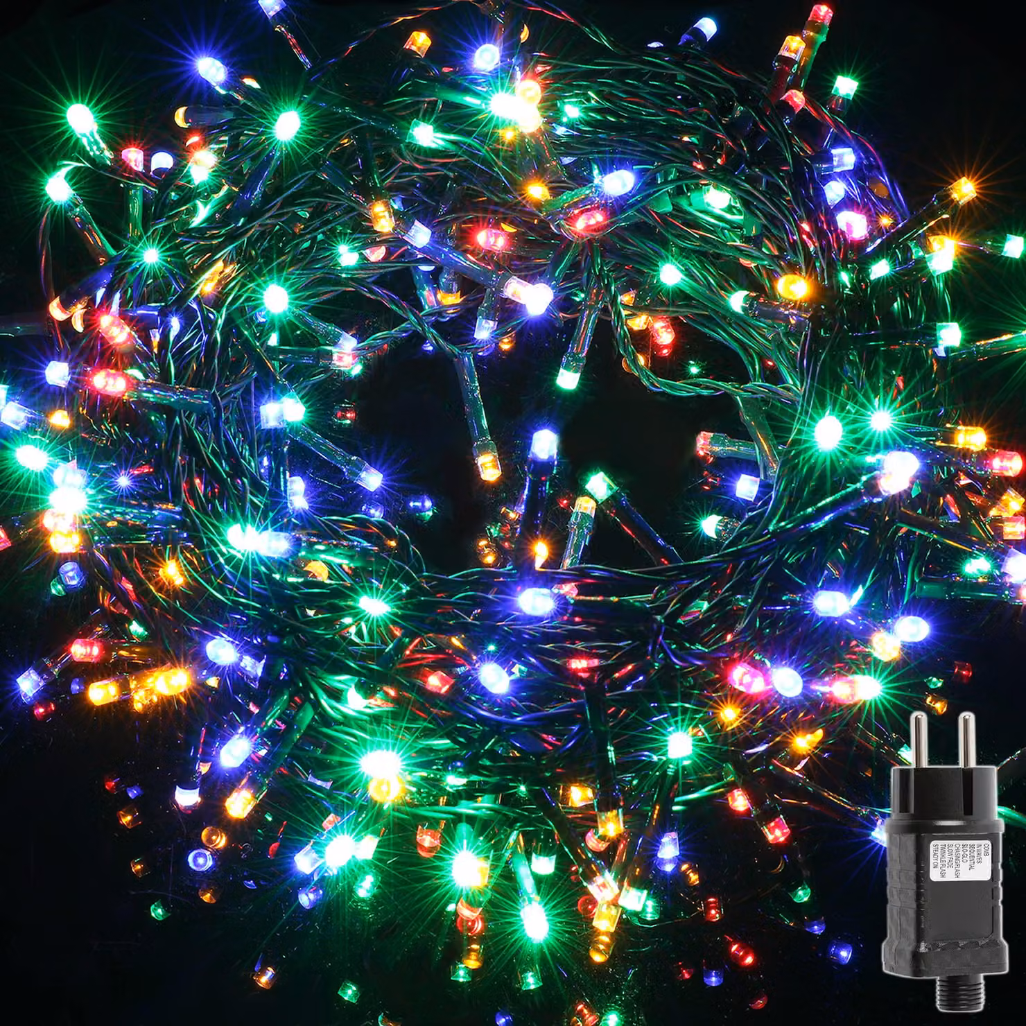 Catena luminosa a LED, 300 LED, 15 metri, grado di protezione IP44, 8 modalità, cavo verde