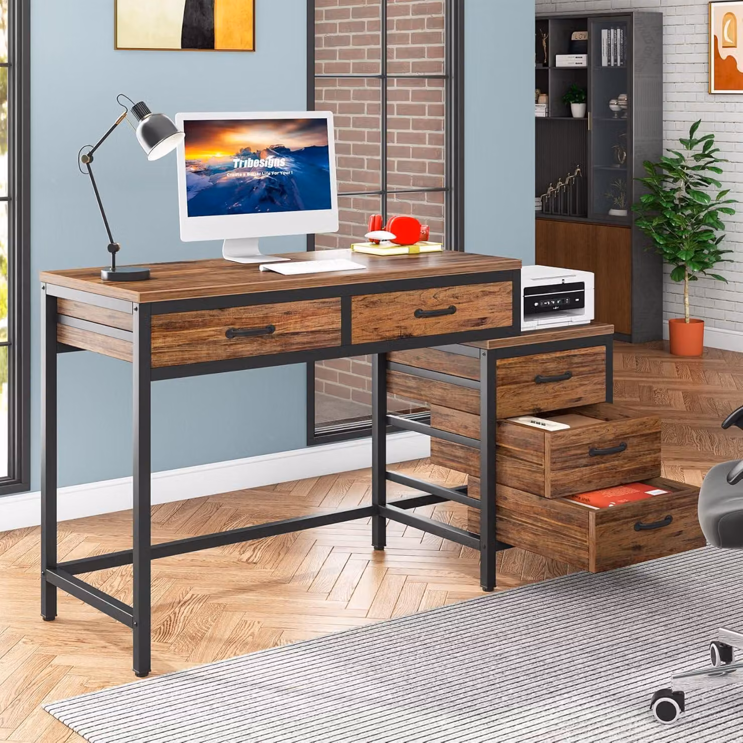 Scrivania con 5 cassetti, scrivania per computer, supporto per stampante, scrivania da ufficio in legno, 130x45x82 cm, colore marrone