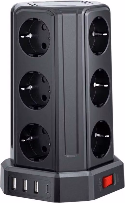 Prese multiple da 5 m con 12 prese e 5 porte USB - Protezione da sovraccarico