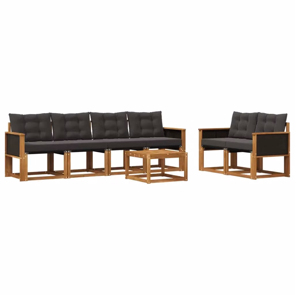 Set di divani da esterno a forma di U vidaXL in legno di acacia con tavolo da caffè, 7 pezzi, Beige e Nero – 2