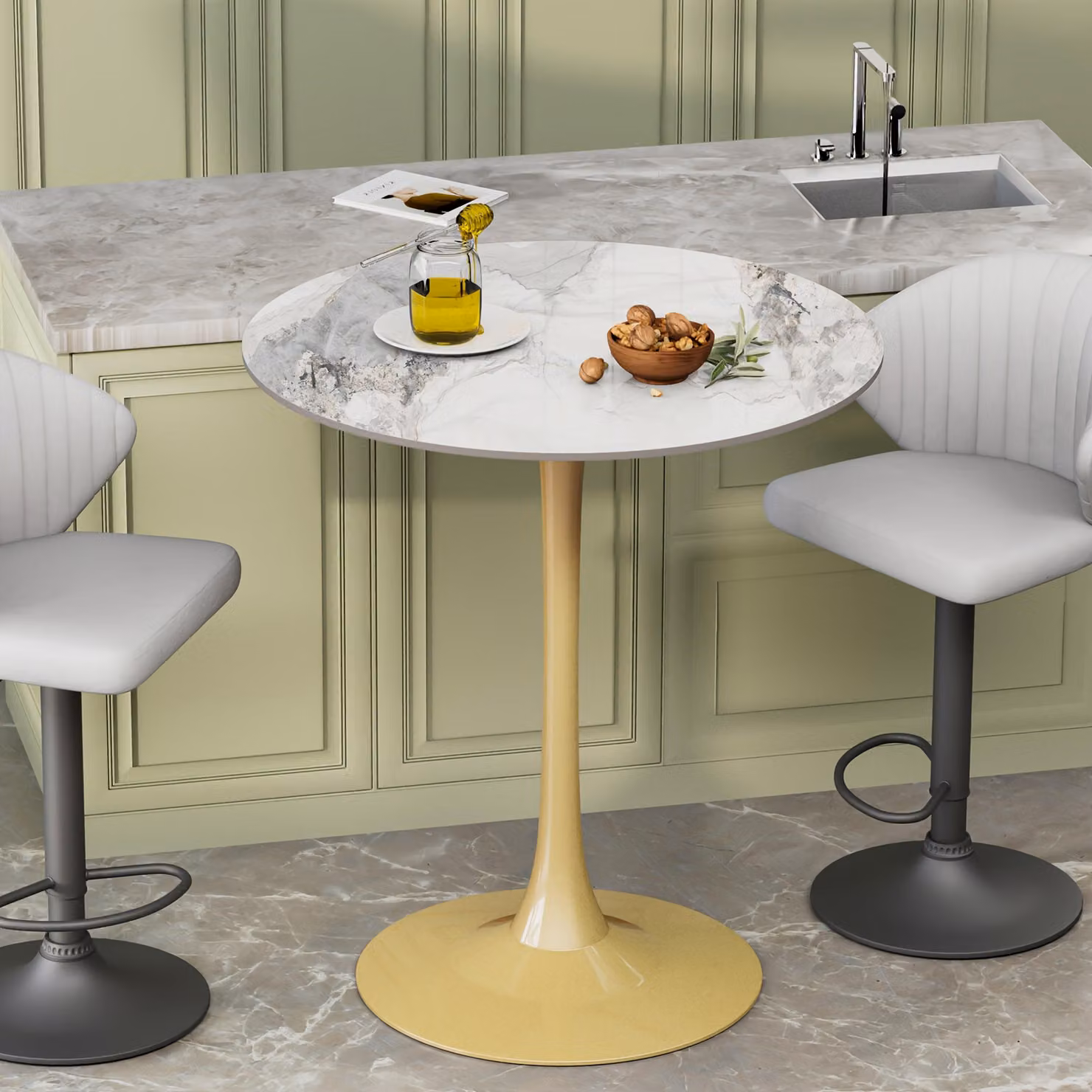 Tavolo da pranzo – Tavolo moderno con aspetto in marmo, piano resistente alle macchie e dettagli dorati