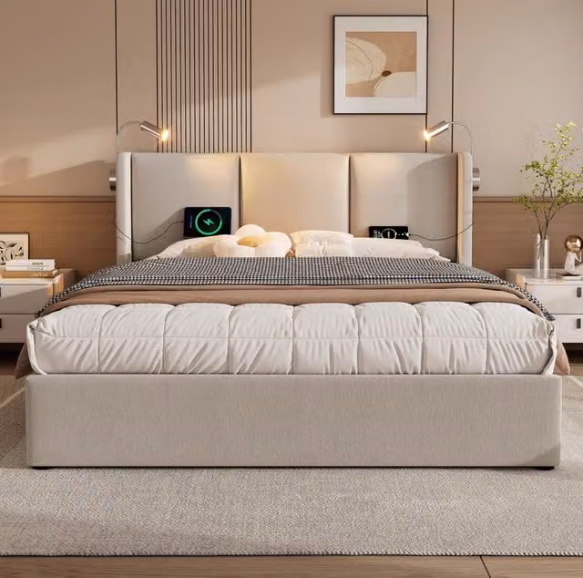 Letto imbottito 180x200 cm beige con vano contenitore, luce lettura e 2 USB