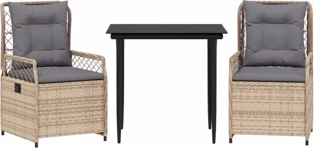 Set da Pranzo da Giardino 3 pz in Polyrattan con Piano in Vetro e Cuscini Beige