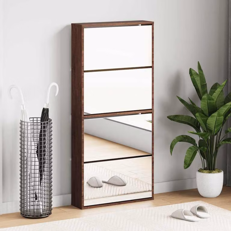Scarpiera con specchio vidaXL in rovere marrone con scomparti basculanti L: 63 cm, P: 17 cm, H: 134 cm