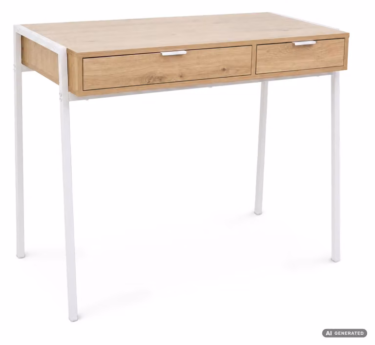 Scrivania industriale per computer Rovere Artisan ZENTIA 100 cm 2 cassetti gambe bianche
